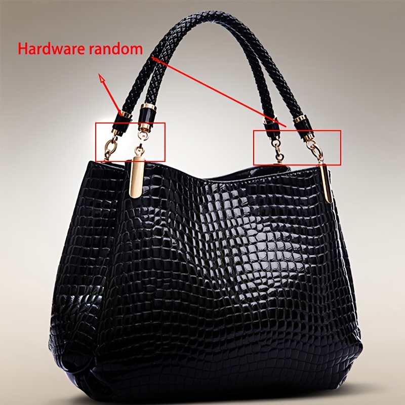 Women'S Black Faux Crocodile-Texture Tote Bag