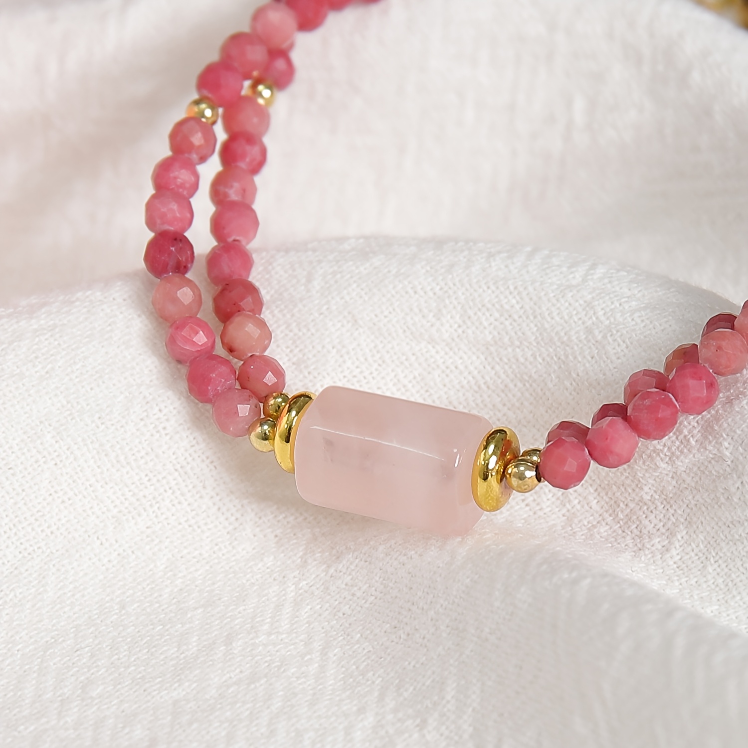 TEMU 1pc Lineargems Natural & Rose Quartz Bracelet For Women - Bohemian Minimalist Stackable Double-layer Beaded Jewelry Suitable For Daily Wear,