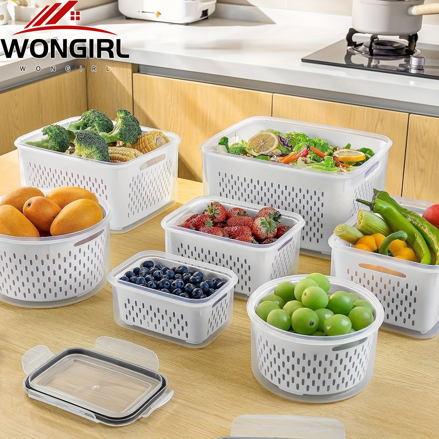 

8pcs Fruit Storage Containers - Airtight, Dishwasher Safe, Removable Colander, Produce Saver - Berries, Vegetables Fresh , Refrigerator Organization, Space-saving Design