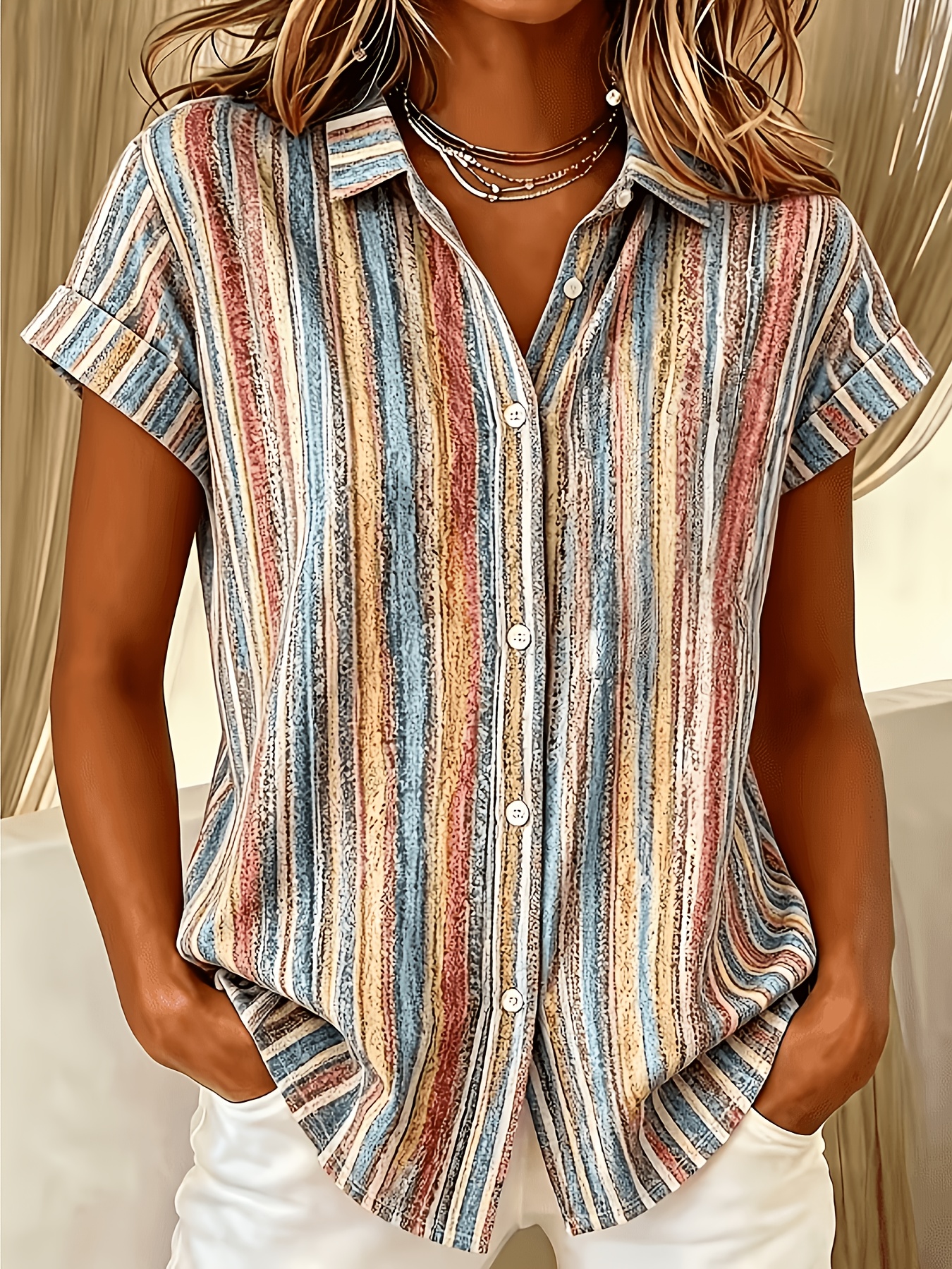 womens summer retro colorful striped short sleeve button up shirt loose casual lapel versatile   top for daily  