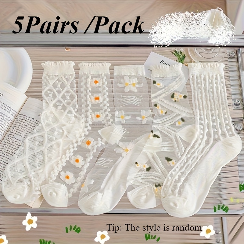 E-shop Zufällige 5 Paar/Pack Kristallsocken, dünne Röhrensocken aus Glas für Sommer, Frühling/Sommer, atmungsaktiv, niedlich, japanische