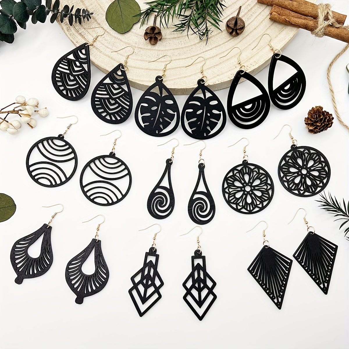 Image of 9-pair Set Bohemian Wood Earrings For Women - Wood Hoops & Dangle Earrings With Teardrop, Round, Leaf, Mandala, Geometric & Cutouts - Boho For Vacation, Casual Attire, Sensitive Beige (no Plating)
