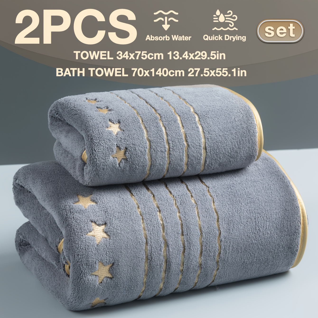 E-shop 2er-Set Stark Saugfähige, Schnelltrocknende Goldbesaitete Stickerei Premium Luxus Stickerei Handtuch und Badetuch Set, 70 x 140 cm/27,5 x 55,1
