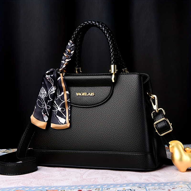 Elegant Women's Shoulder letter Bag - Chic Solid Color, Large Capacity with Scarf Accent, Adjustable Strap, Secure Zip Closure