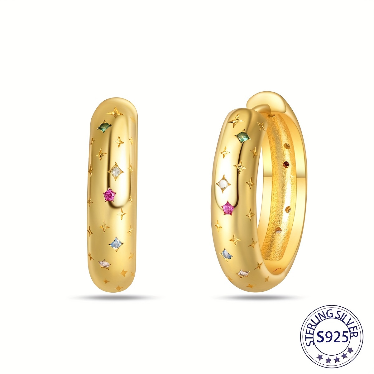

925 Sterling Silver For Women' Earrings Cubic Zirconia Star Earrings Golden Star Embellished Hoop Earrings Gifts For Women