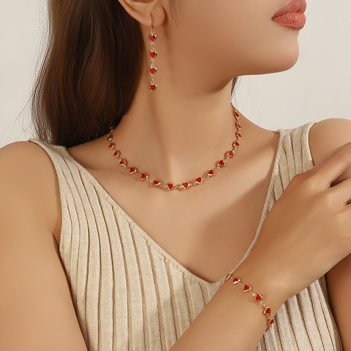 TEMU 3pcs Women's Jewelry Set, French Minimalist Style Copper Inlaid Red Glass Women's Necklace Set - Exquisite And Elegant Heart Necklace Bracelet