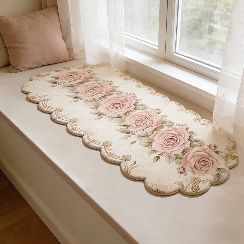 TEMU 2d Flat 1pc Light Luxury Rose Rug, Bedroom Decorative Bedside Rug | European Country Style | And Comfortable With Dotted Plastic Anti-slip
