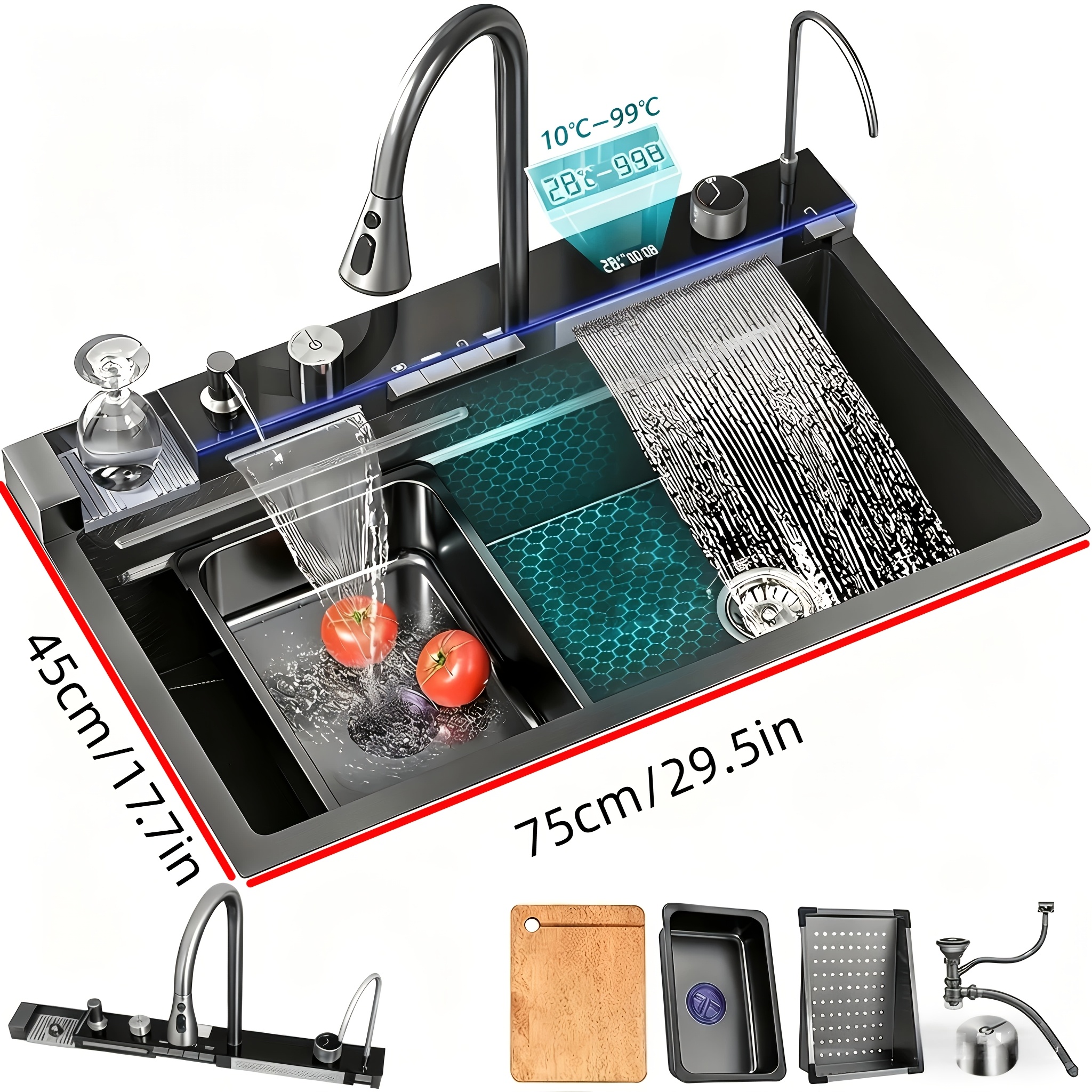 Smart Waterfall Kitchen Sink, Temperature Display Stainless Steel Raindance Multifunctional Sink With Pull-out Faucet, Cutting Board, Glass Washer & Double Waterfall (black)