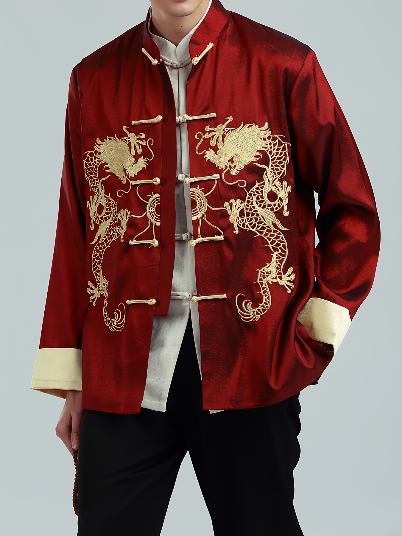 mens red embroidered tang suit jacket traditional chinese style with   playing beads design long sleeve polyester   weddings birthdays special occasions   wear chinese traditional clothes chinese size please check the size guide  