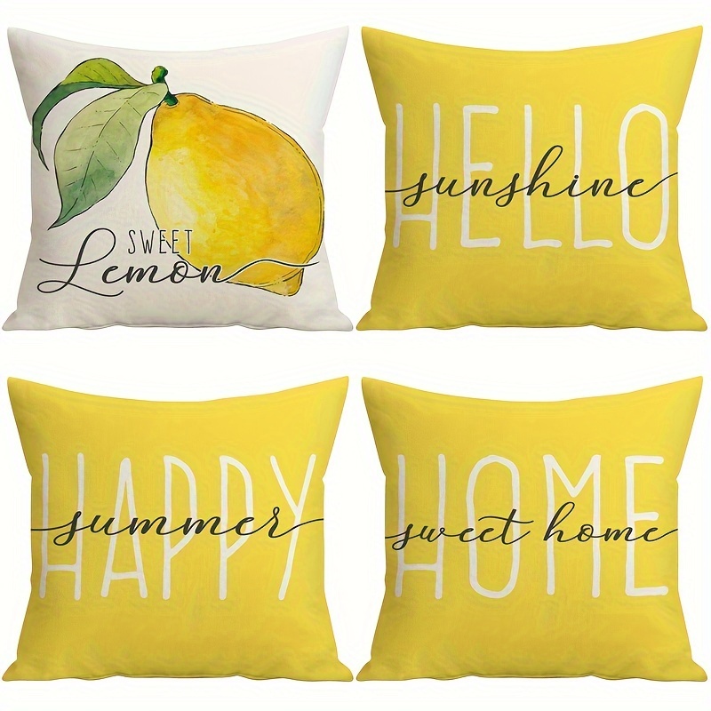 

4pcs Summer Pillow Covers 18x18 Inch Home Sweet Home Throw Pillow Covers Hello Sunshine Happy Summer Decorations Sweet Lemon Yellow Cushion Covers For Sofa Couch