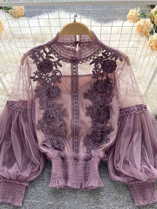 elegant womens polyester blend top with contrast lace detail crew neck solid color knit fabric regular length spring summer fashion