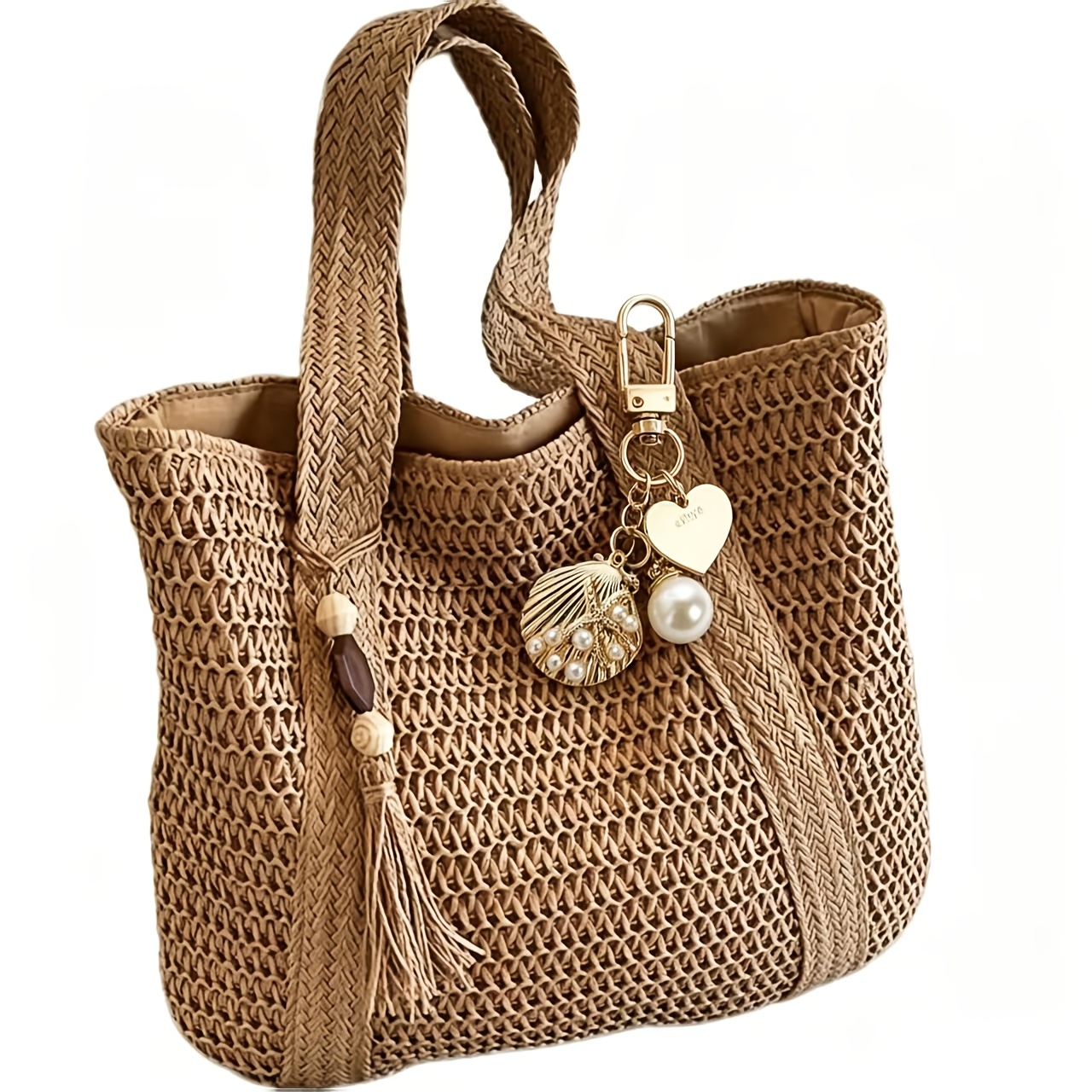 TEMU 2pcs/set Women's Woven Fabric Large-capacity Stylish Casual Elegant Tote Bag With Keychain, Stylish Beach Tote, Women's Shoulder Bag, Fixed