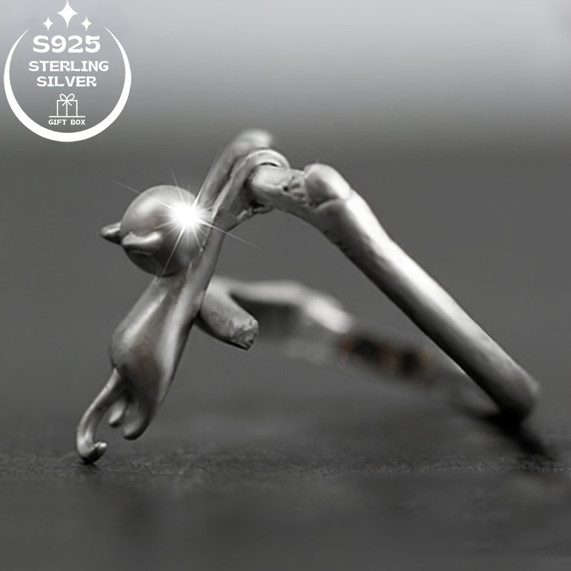 925 Silver Cat Ring Lazy Cat Climbing High Meaning Gift
