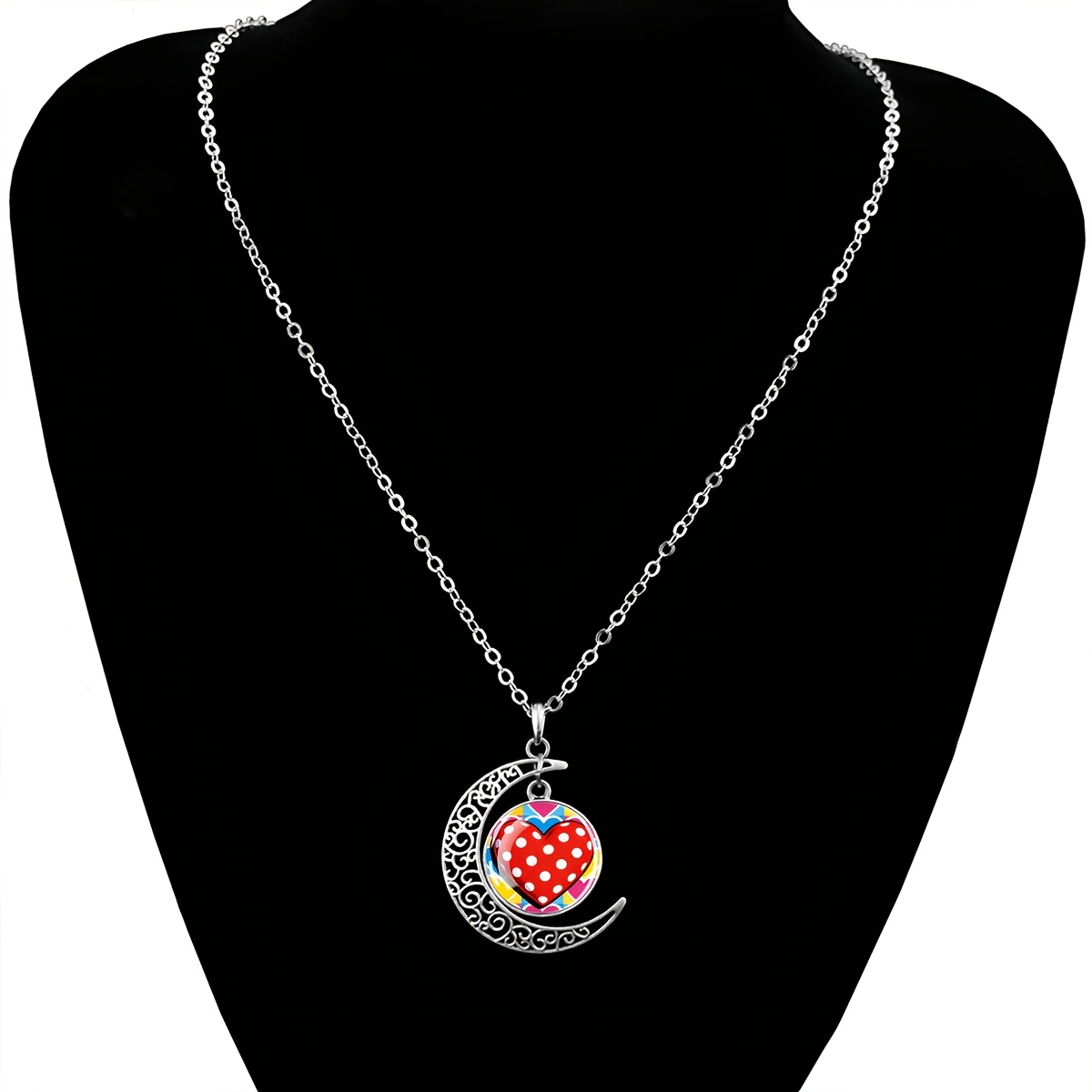 Crescent Moon Necklace with Heart Pattern Pendant