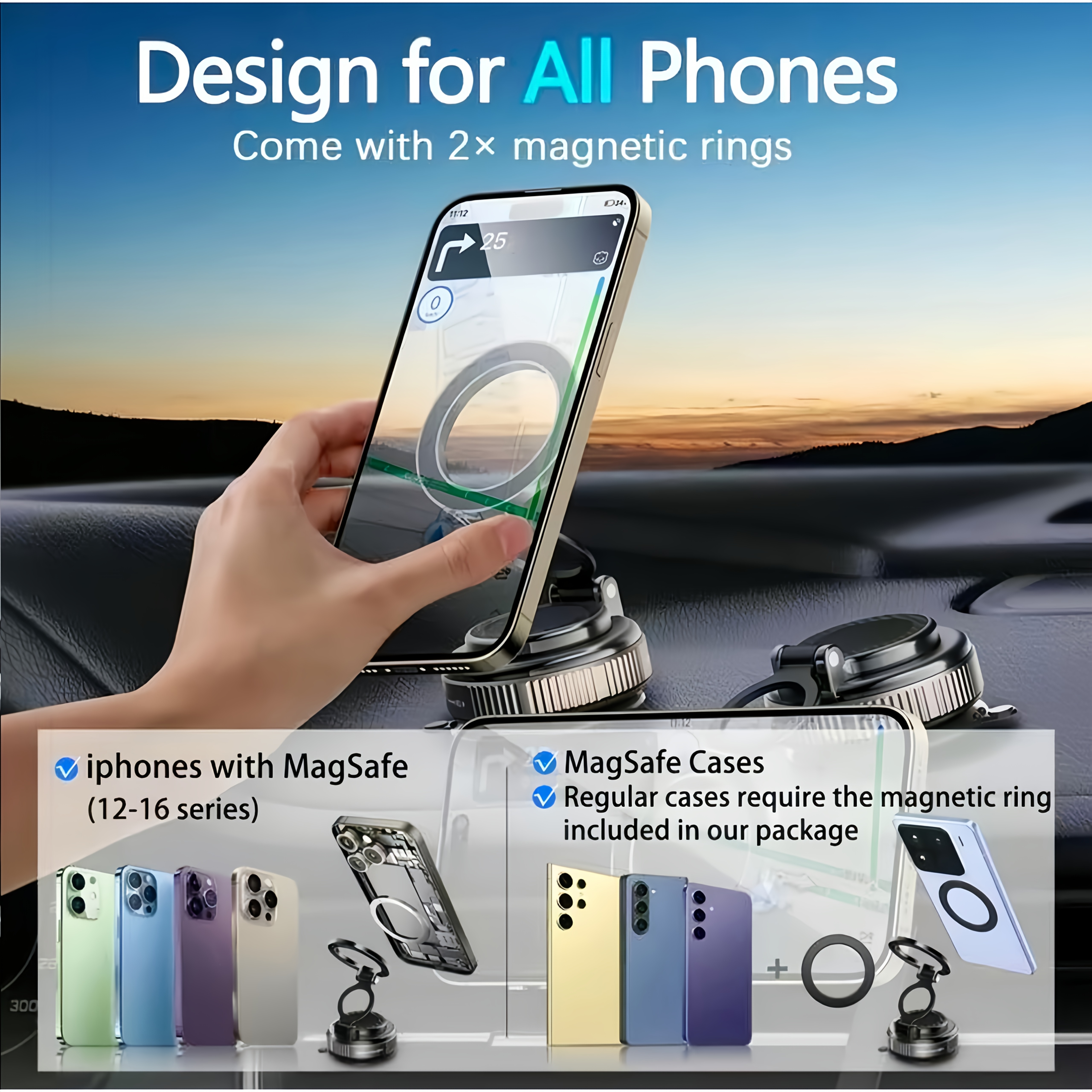 360° Rotating Phone Holder, Foldable Retractable Car Mount, Strong Suction Vacuum Base, Compatible with All Phone Models