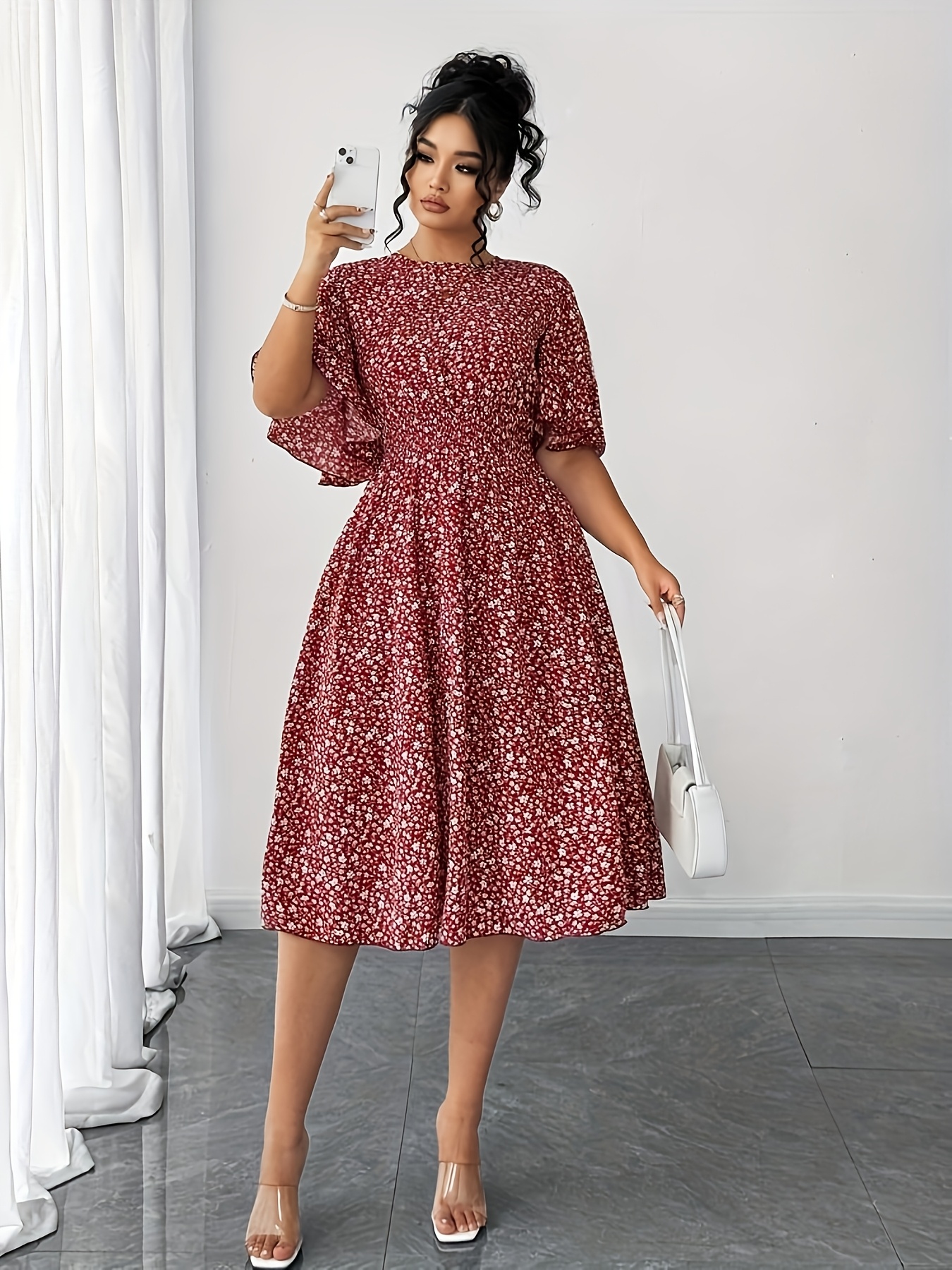 elegant plus size floral midi dress with v-neck and short sleeves - machine  washable, polyester - women' clothing - Temu