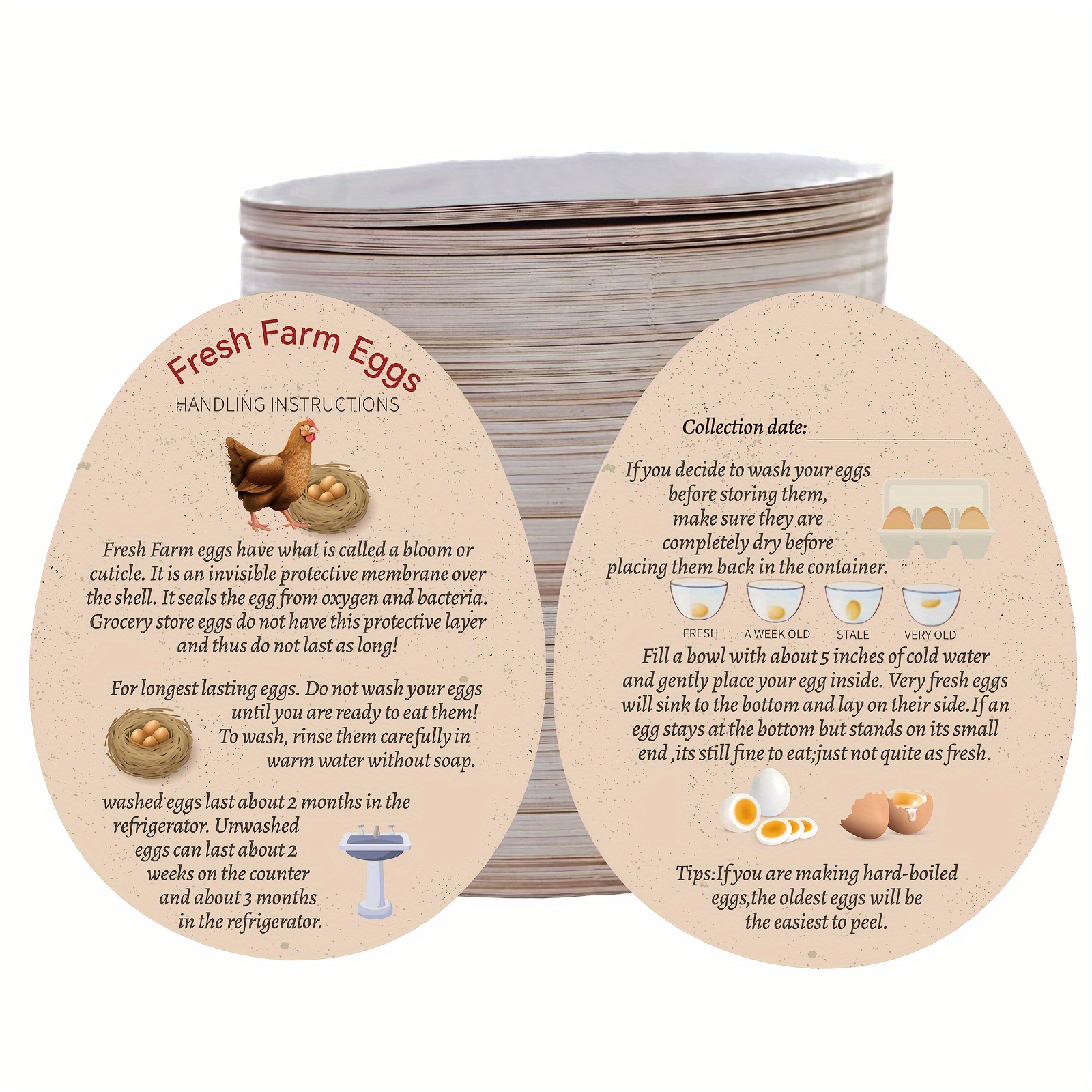 

100-pack Fresh Farm Egg Handling Instruction Cards - Double-sided Egg Care Tips Stamp For Cartons, Bulk Egg Box Inserts, Reusable Egg Shape Design With Handling & Storage Guidelines