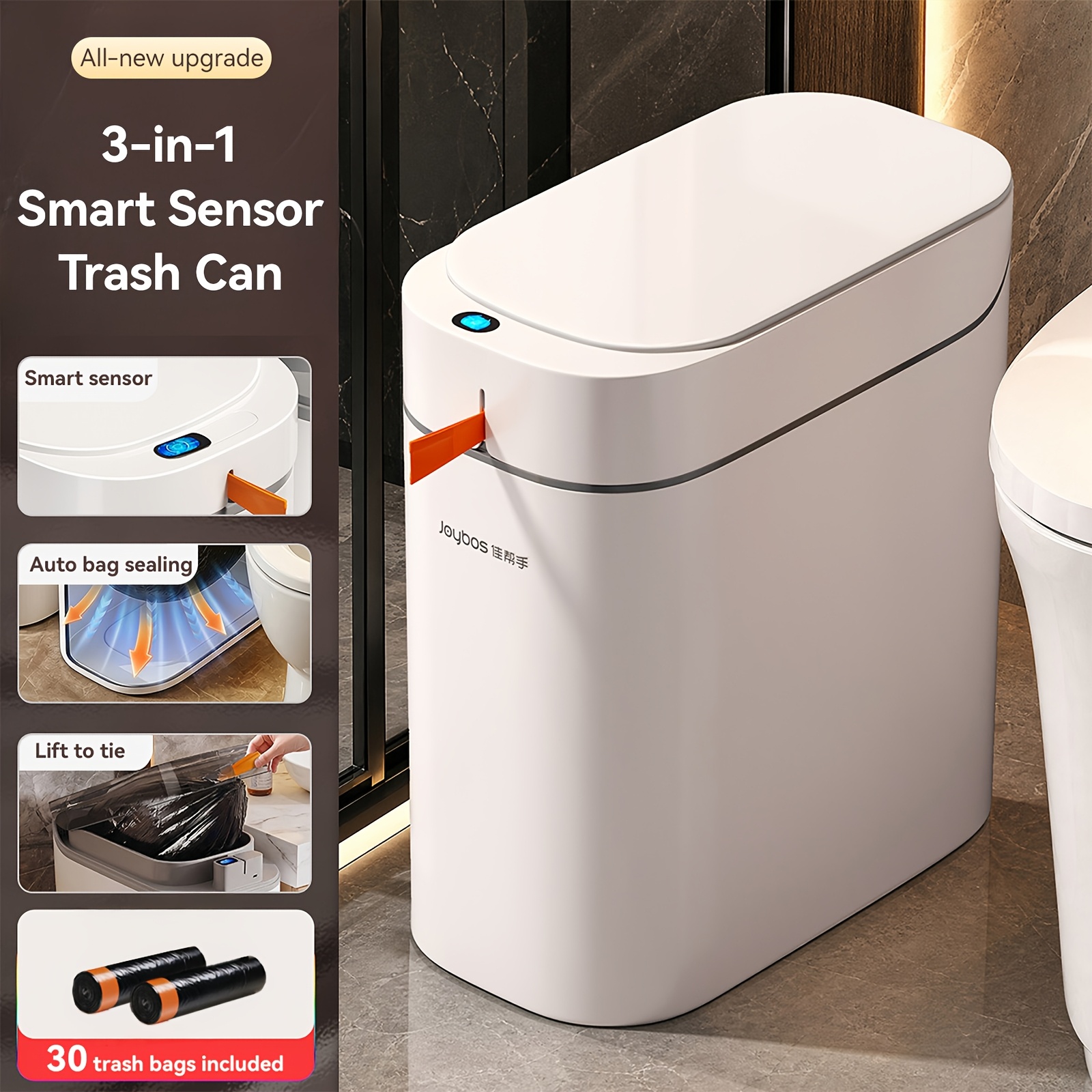 TEMU Joybos Bathroom Trash Can With Lid, Touch-sensor Trash Can With Garbage Bag, 3.8-gallon Bin, Automatic Suction Trash Can, Suitable For Bathroom,