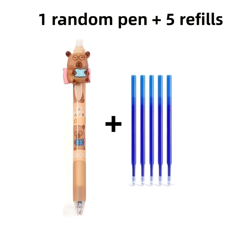 TEMU 6pcs Random Capybara Design Retractable 0.5mm Erasable Gel Pens, Includes 1 Pen + 5 Refills, Blue Ink, Comfortable Grip, Quick-drying, Suitable
