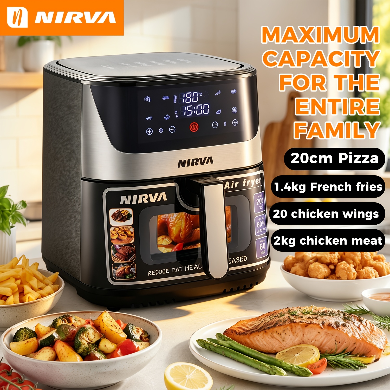 Nirva 8.5l Air Fryer, 1700w Powerful Hot Air Fryer With Window, 8 Menus, Adjustable Temp & Timer, Oil-free Cooking For Fries, Chicken, Pizza, Steak, Family Use