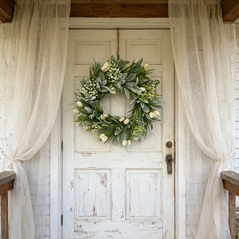 Image of 1pc, White Cream Tulip Wreath, Front Door Lamb's Ear Spring Wreath, Front Door Farmhouse Wedding -season Indoor Outdoor Summer Wreath