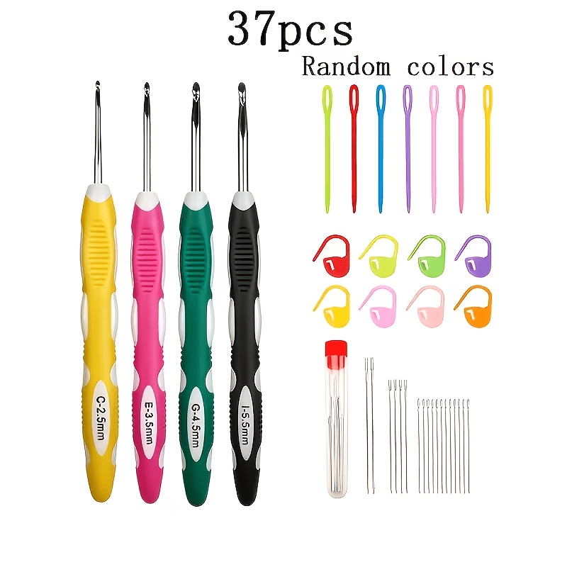 TEMU 37pcs Crochet Kit, Ergonomic Soft Rubber Handle (4pcs Hooks 2.5-5.5mm And 18pcs Sewing Needles And 15pcs Exquisite Knitting Additions) Random