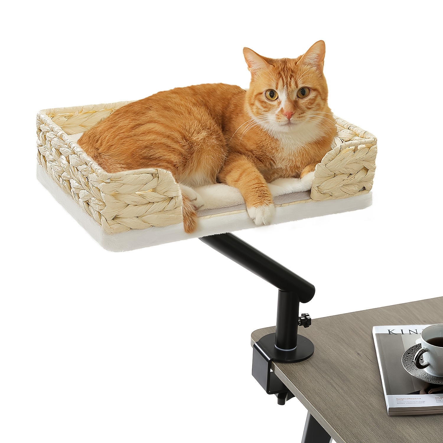 E-shop Road Moderne Rattan-Geflochtene Katzenhängematte Schreibtisch-Bett mit drehbarem Arm & Klemm-Montage – Stabile, rutschfeste, platzsparende