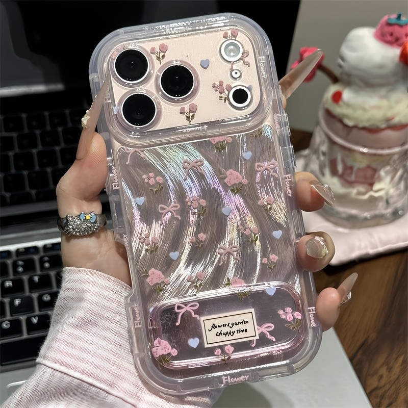 TEMU Phone Case - Smudged Small Floral Bow Pattern Phone Case, With Folding Mirror Stand, Suitable As A Recommended Outdoor Makeup Mirror For Iphone