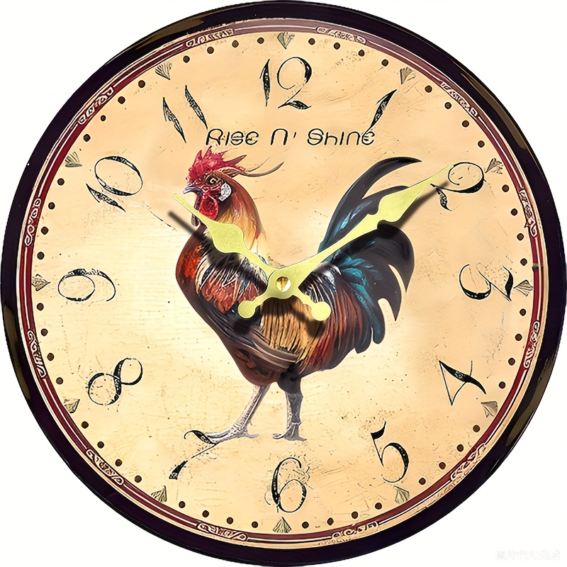 TEMU Vintage Rooster Wooden Wall Clock - Silent, Round Battery-powered Decor For Living Room, Bedroom, Kitchen & Office - Easter, New Year &