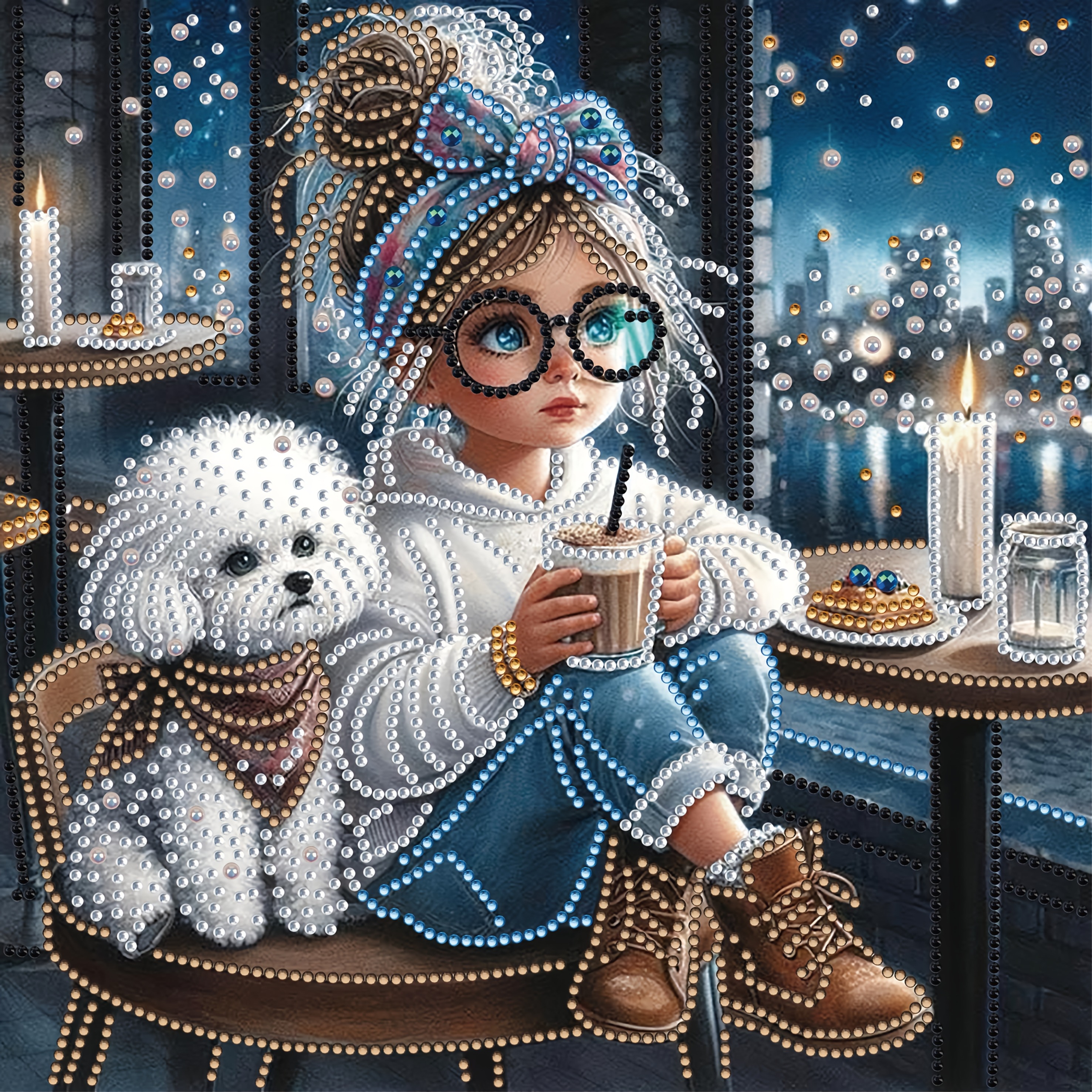 Image of Diy Diamond Painting Kit - Cute Little Girl & Café Scene With Irregular & Round Diamonds, 30x30cm/11.8x11.8" Lights Art, Handmade Gift For Home Decor (girl With Poodle, Hot Chocolate & )
