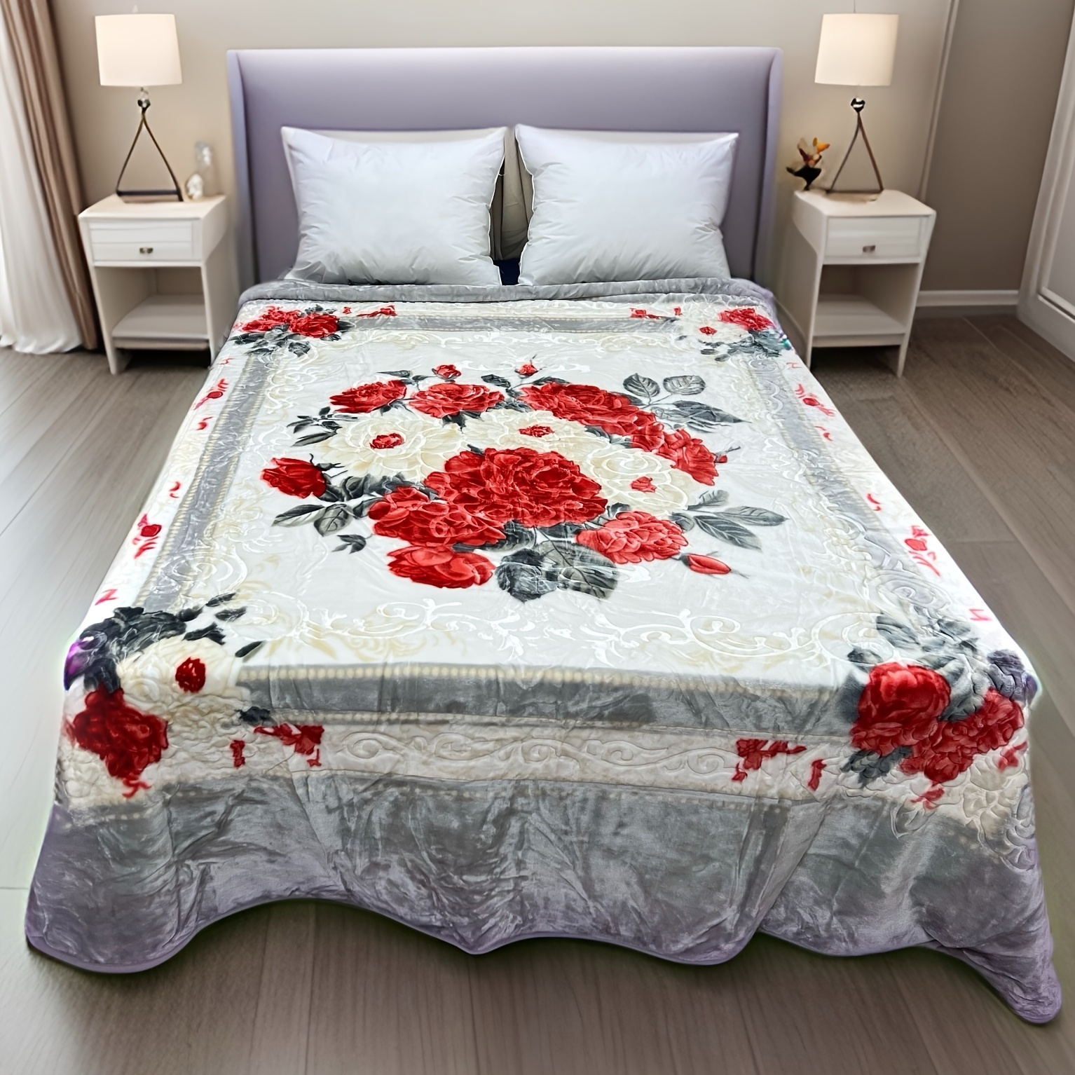   queen size floral embossed   blanket super soft plush   bedspread 83x94 inch red white flower print with   back machine washable no fade shrink 5lbs blanket for bed home decor     bedding decorative cover stylish bedrooms details 0