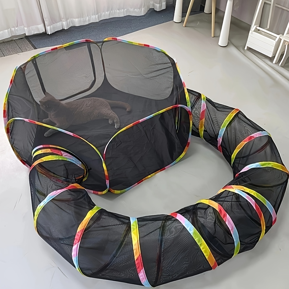 

Foldable Cat Tunnel Play Set With Mesh Tent - 2 Piece Polyester Patterned Cat Playhouse Combo For Indoor Cats - Interactive Pet Toy Cage With Peek Hole For Kittens And Small Animals