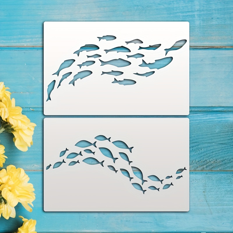 

Fish School Stencil Set - 2 Pack Reusable Painting Templates For Decoration And Craft Projects, Creamy White Pet Material, 7.1 X 11.0 Inches