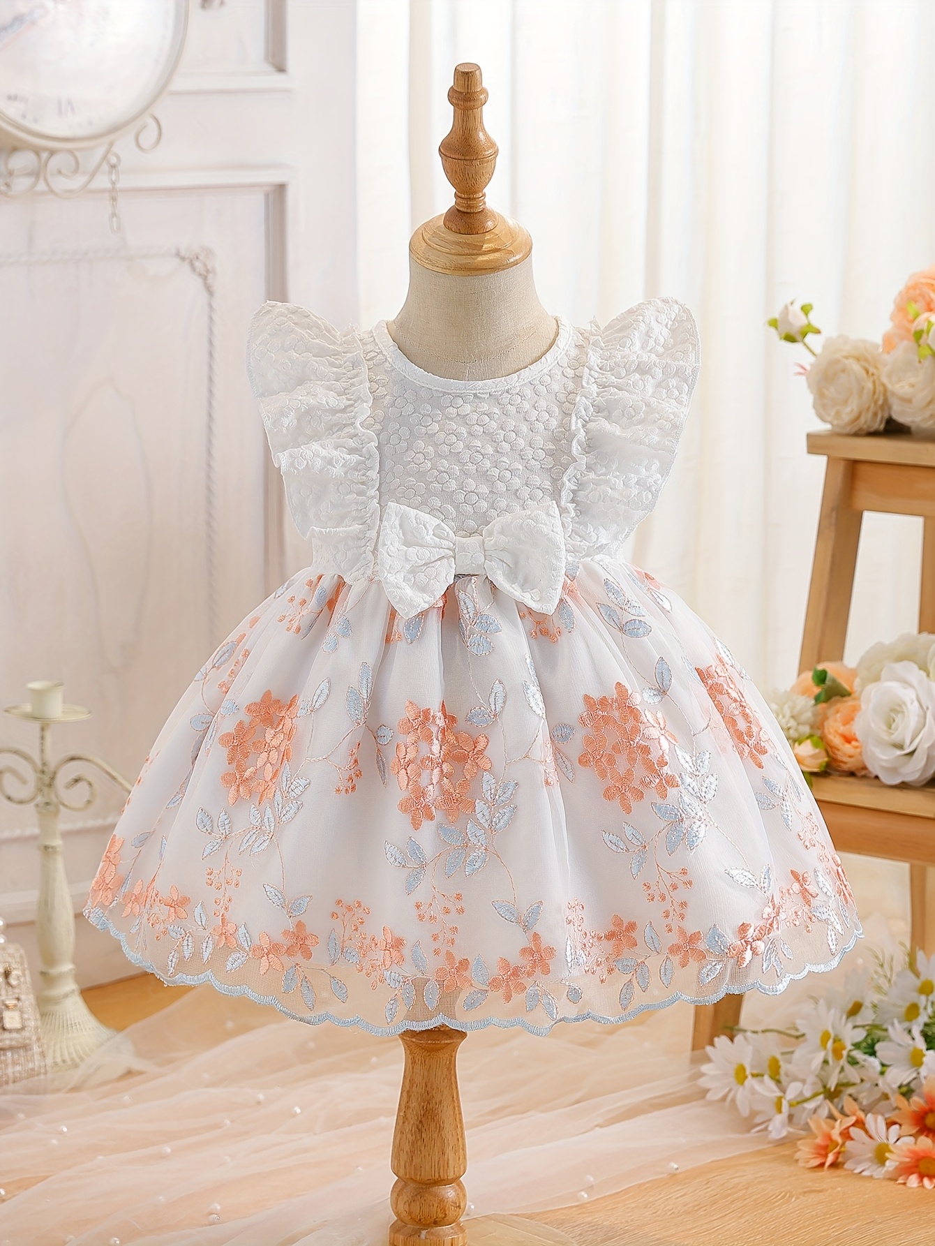 baby girl's print smock dress with sleeves bow back short