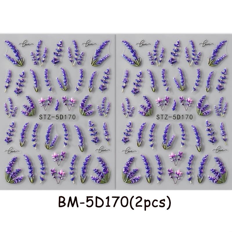 2pcs Of Nail Stickers Featuring Summer Design With Embossed Purple Romantic Lavender, Self-adhesive Disposable Nail Decoration
