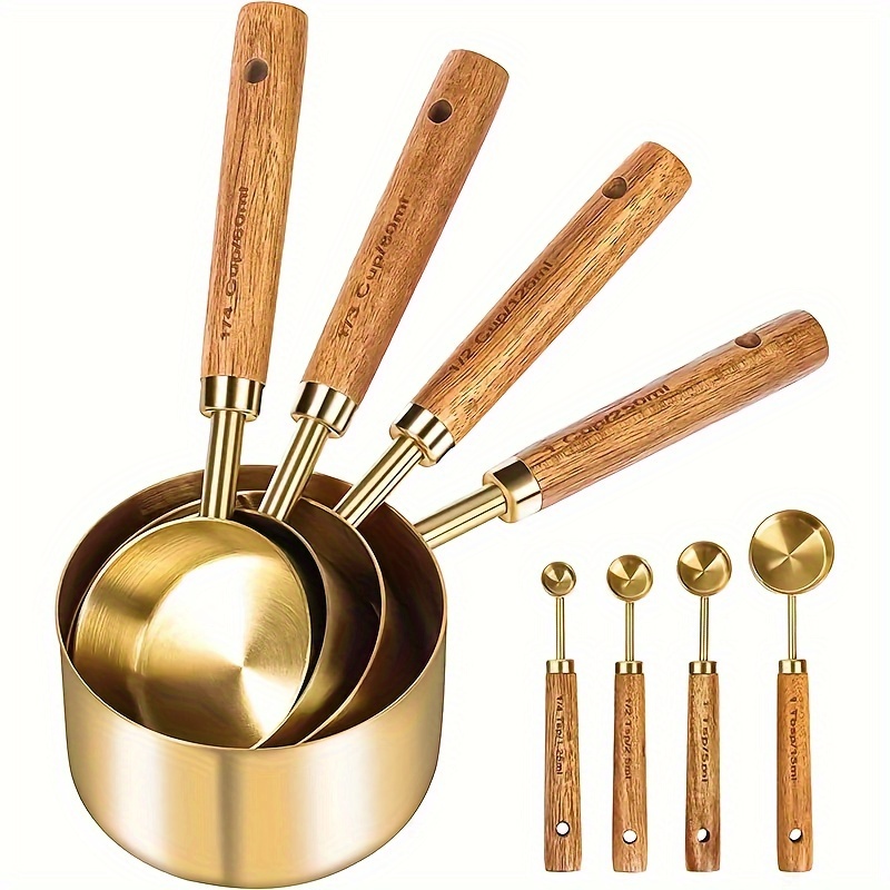 

8-piece Stainless Steel Measuring Cups And Spoons Set With Acacia Wood Handles, Durable Kitchen Baking Tools, Includes Spice And Coffee , Design For , Industrial Food Supply Equipment