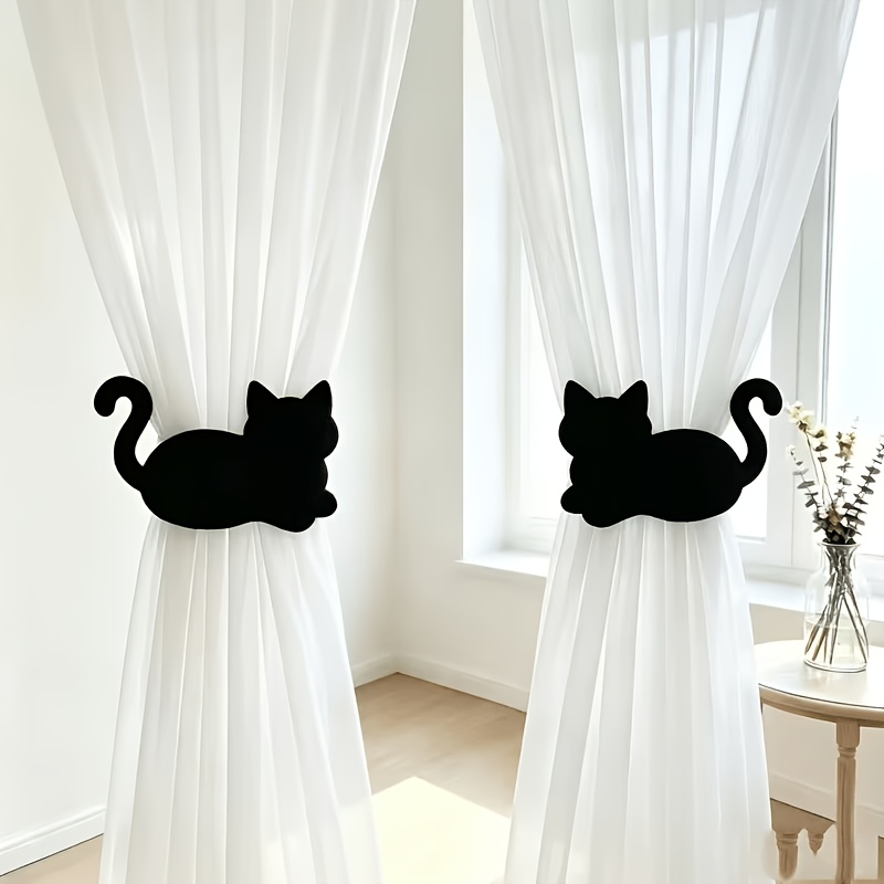 TEMU 2pcs Cute Black Cat Pattern Curtain Straps, Curtain Buckles, Curtain Fixing Straps, Suitable For Home And Office Decoration