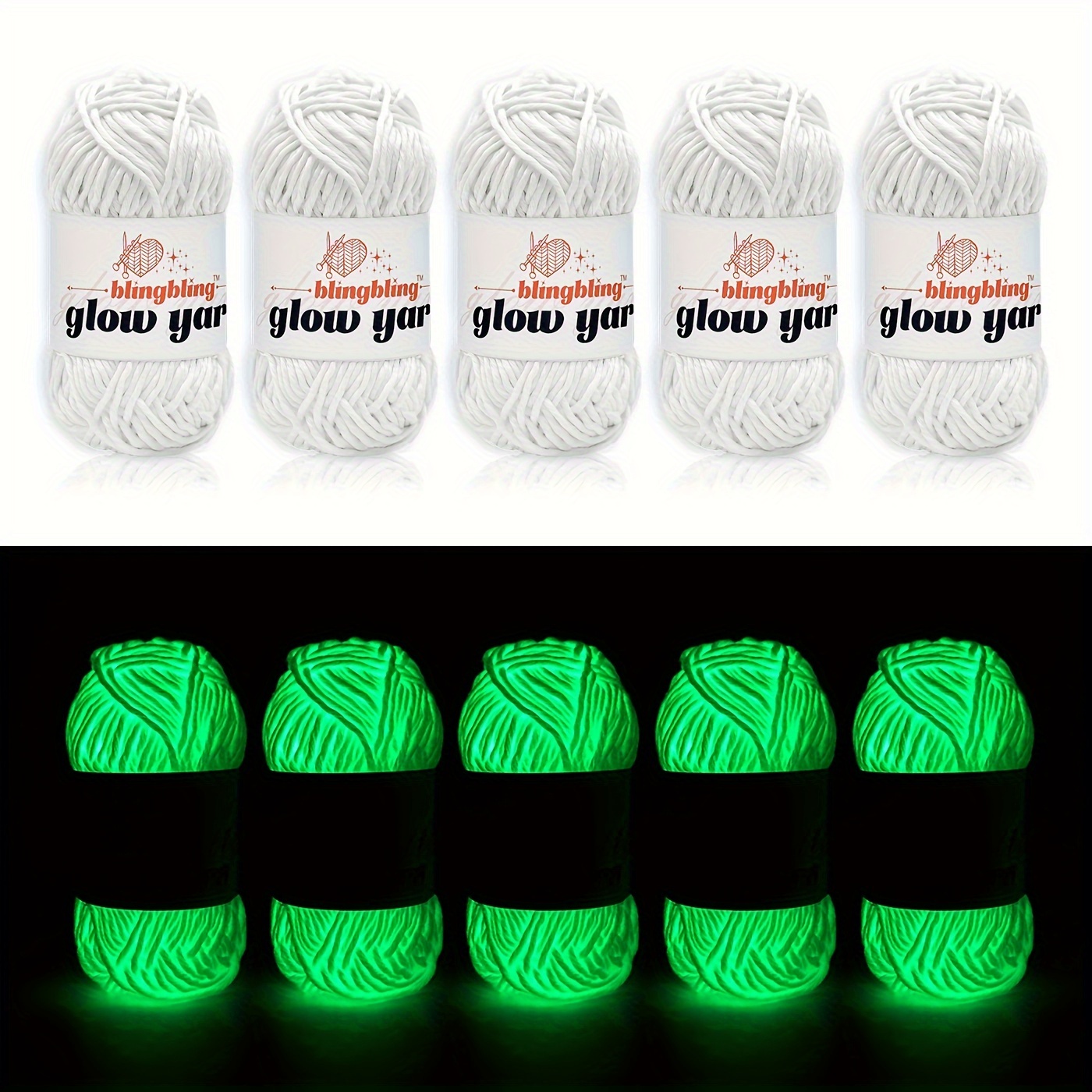 TEMU Oplaadbaar (Glow in the Dark) Garen, Vijf Pakjes Totaal /8.8oz - 275 Yards, Garen voor DIY Kunst, Breien, Haken en Knutselen