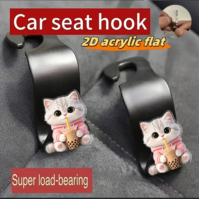 TEMU Acrylic 2d Flat 2pcs Set- Cute Cat Car Seat Hook For Drinking Milk Tea, Integrated Backrest Hidden Storage Hook, Car Seat Accessory Basket,