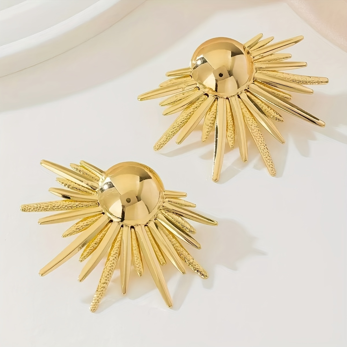 Women's Golden Sunlight Rays Stud Earrings, Radiating Lines