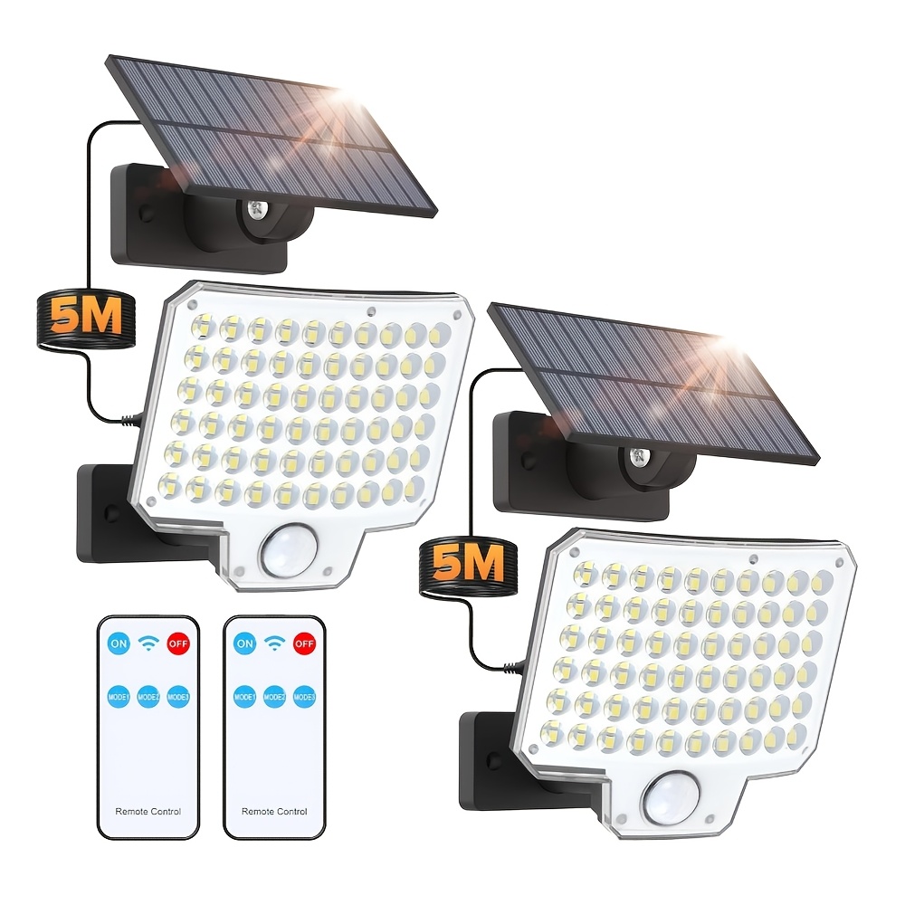 TEMU Lot de (1/2) Lampes de sécurité solaires 240-LED 3000LM avec télécommande et détecteur de mouvement, projecteur avec câble de 16.4Ft, 3 modes