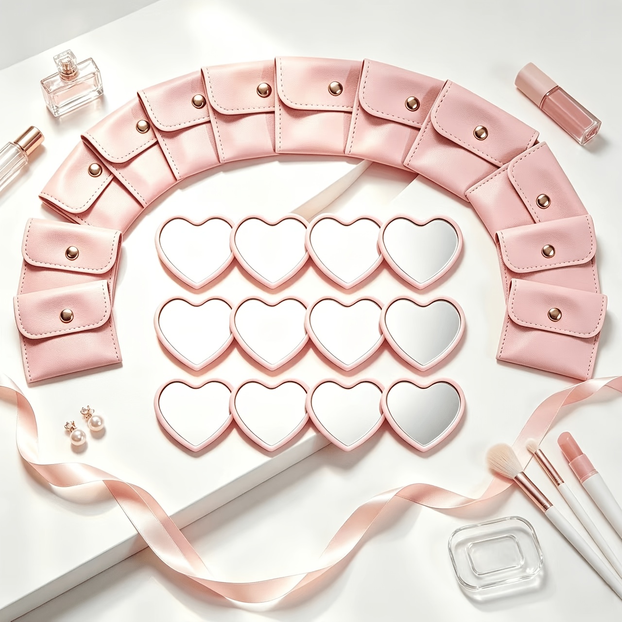24pcs Heart-Shaped Makeup Mirror and Bag Set