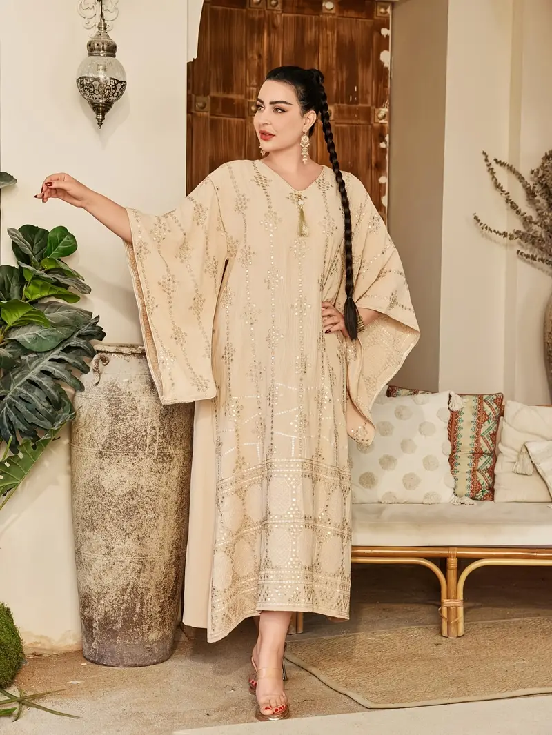 JALABIYA Fringe V-Neck *-Length Sleeve Elegant Dress, Golden Arabic Women's Dress with Heavy Industrial Sequins, Apricot Robe, Loose Ramadan Outfit, Simple and Creative Creative Sleeves, Latest 2026 ... JALABIYA Fringe V-Neck *-Length Sleeve Elegant Dress, Golden Arabic Women's Dress with Heavy Industrial Sequins, Apricot Robe, Loose Ramadan Outfit, Simple and Creative Creative Sleeves, Latest 2026 ...