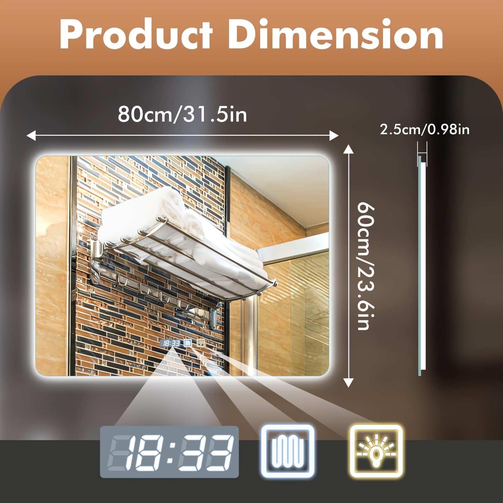 TEMU High- Mirror With Lighting - 60 Cm Round Dimmable Wall Mirror With Touch Switch, Color Temperature Adjustable From 3000k-6500k Ip44