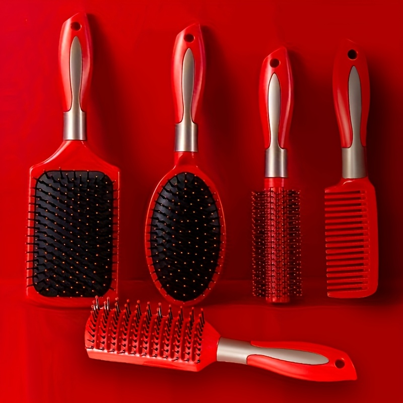 

5pcs Professional Hair Brush Set For Normal Hair - Rubber Styling Combs With Air Cushioned Scalp Massage, Abs Plastic Handle - Ergonomic Hairdressing Tools For Women