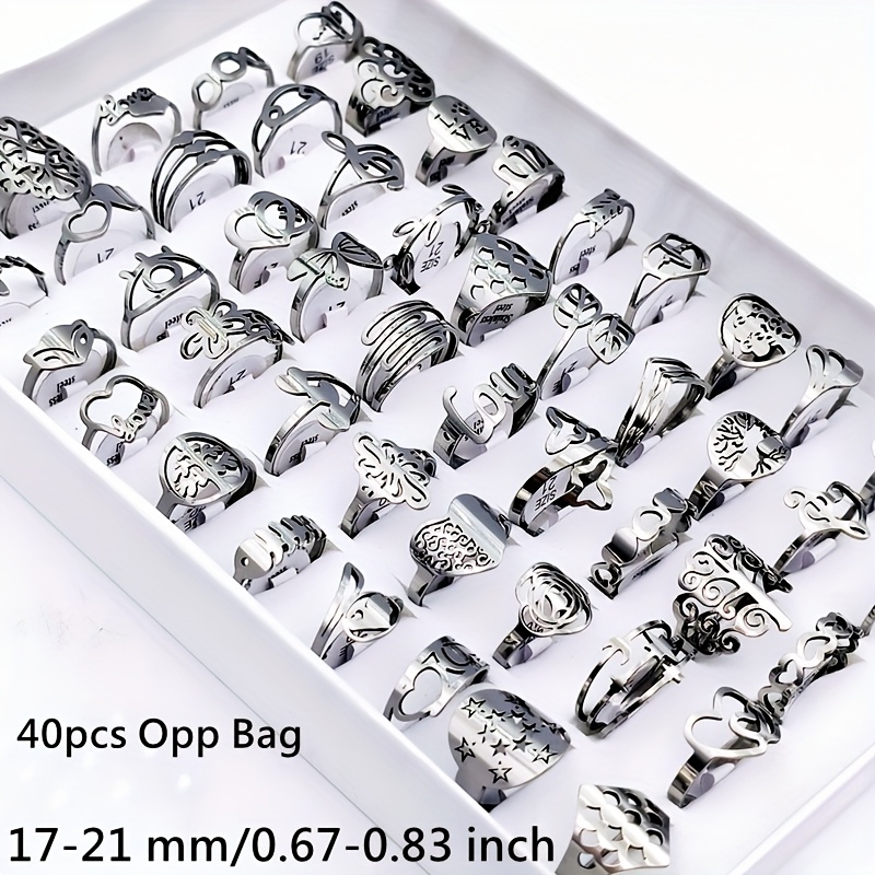 TEMU Wholesale 40pcs/ Bag Women's Jewelry Set Men And Women's Hollow Out Ring Silvery And Golden And Black Stainless Steel Material Size 17mm-21mm