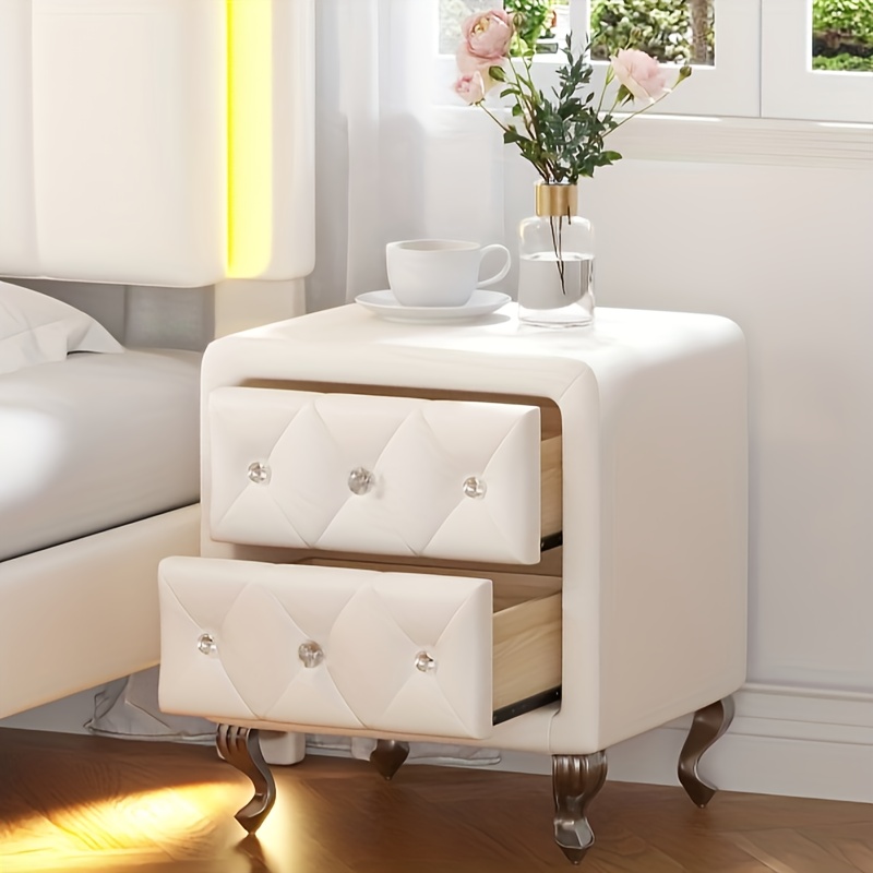 

Elegant Pu Nightstand With 2 Drawers And Crystal Handle, Fully Assembled Except Legs&handles, Storage Bedside Table With Metal Legs - White