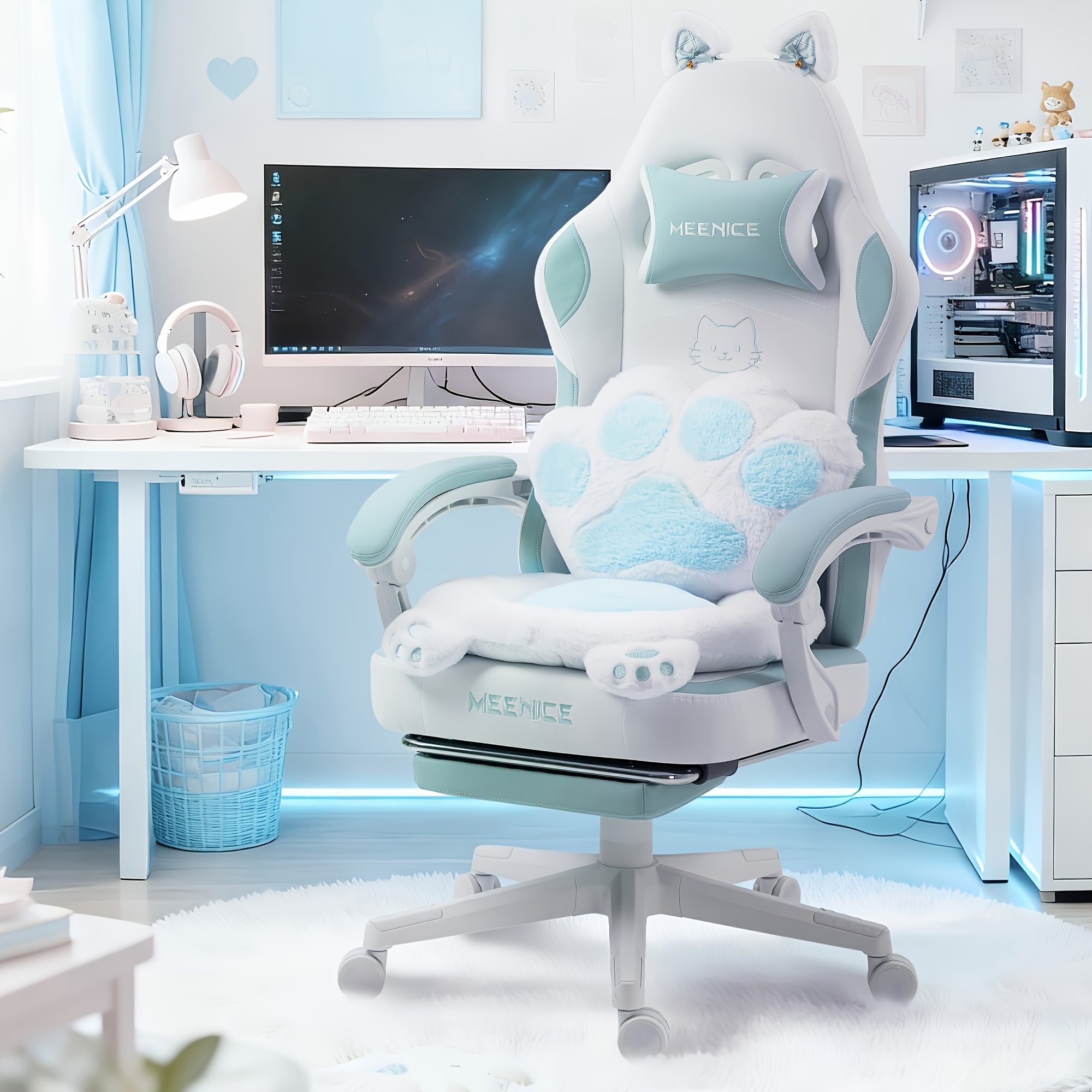 Image of 1pc Upgraded Ergonomic Gaming Chair Reclining Swivel Adjustable Height Home Office Computer Desk Seat With Lumbar Support And Footrest