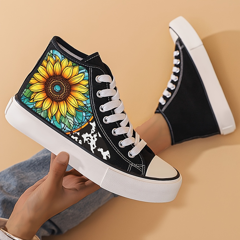 

Flower Print Flat Heighten Chunky Canvas Sneakers, Wear Resistance Non Slip High Top Classic Skate Shoes, Casual Versatile Lightweight Lace Up Outdoor Walking Shoes