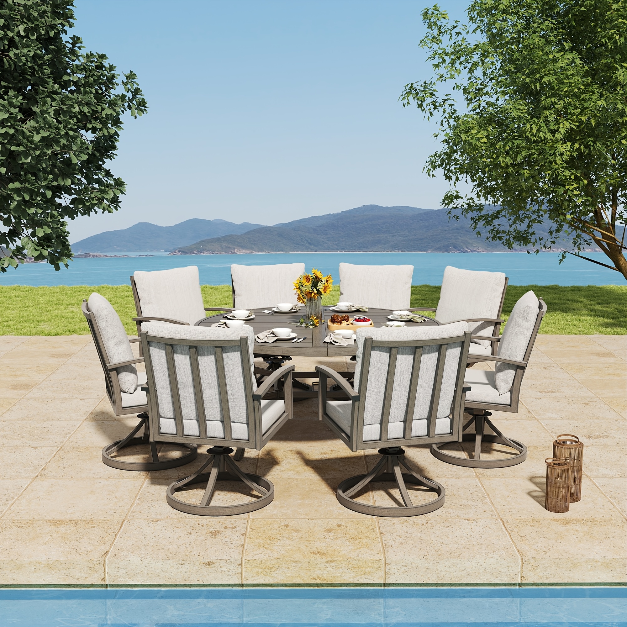 9pcs Aluminum Outdoor Dining Table And Chair Set, Suitable for 8 People, The Set Includes 1 Round Table, 8 Chairs, with Cushions And Back Cushions, Suitable for Outdoor Garden Terrace Furniture Set